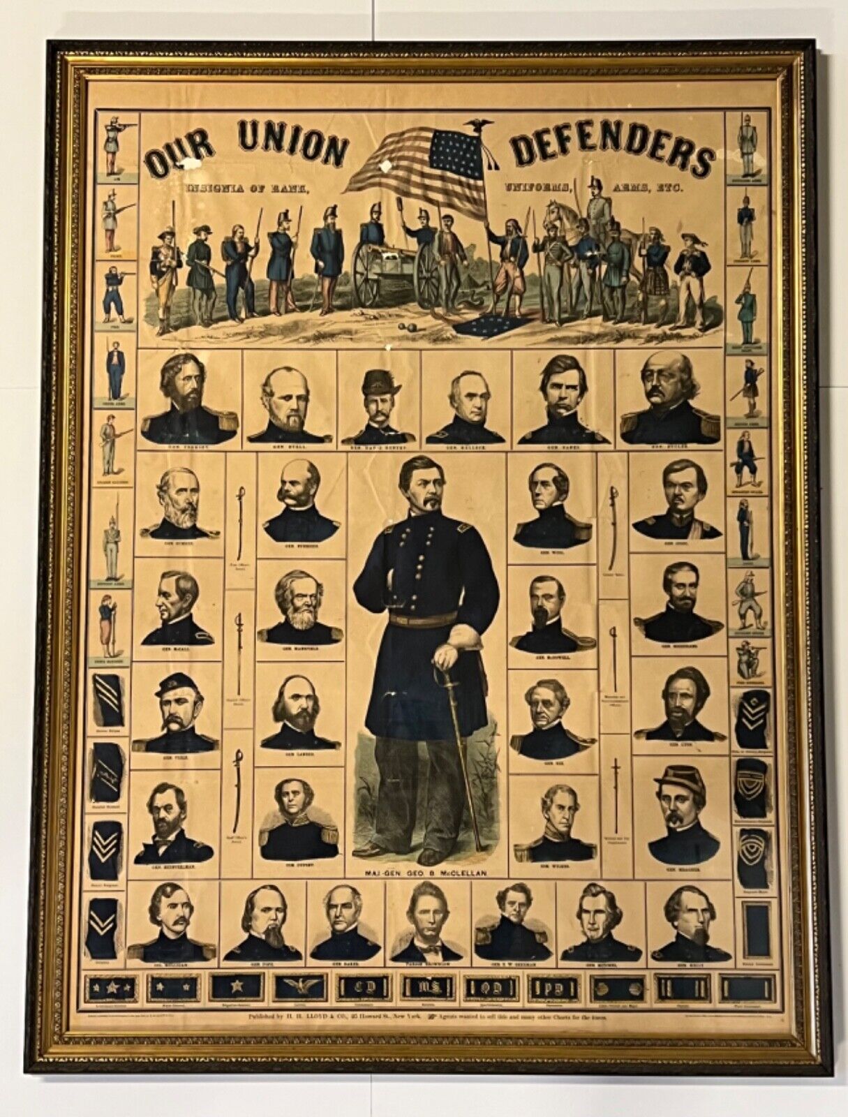 Antique Original Civil War Poster of Union Generals; 1862; Framed; Ultra Rare