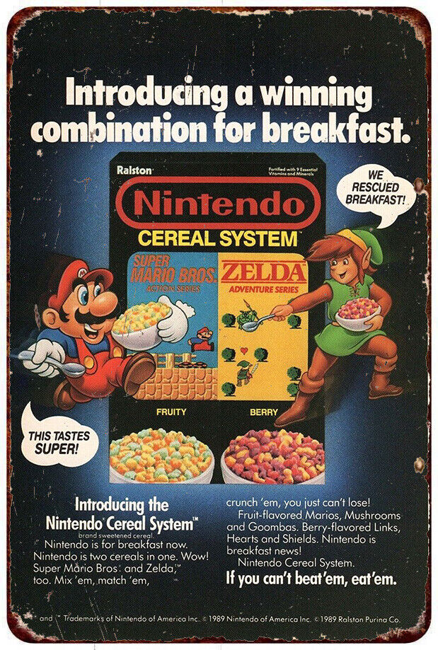 1989 Nintendo Mario Zelda cereal system print AD Reproduction Metal sign
