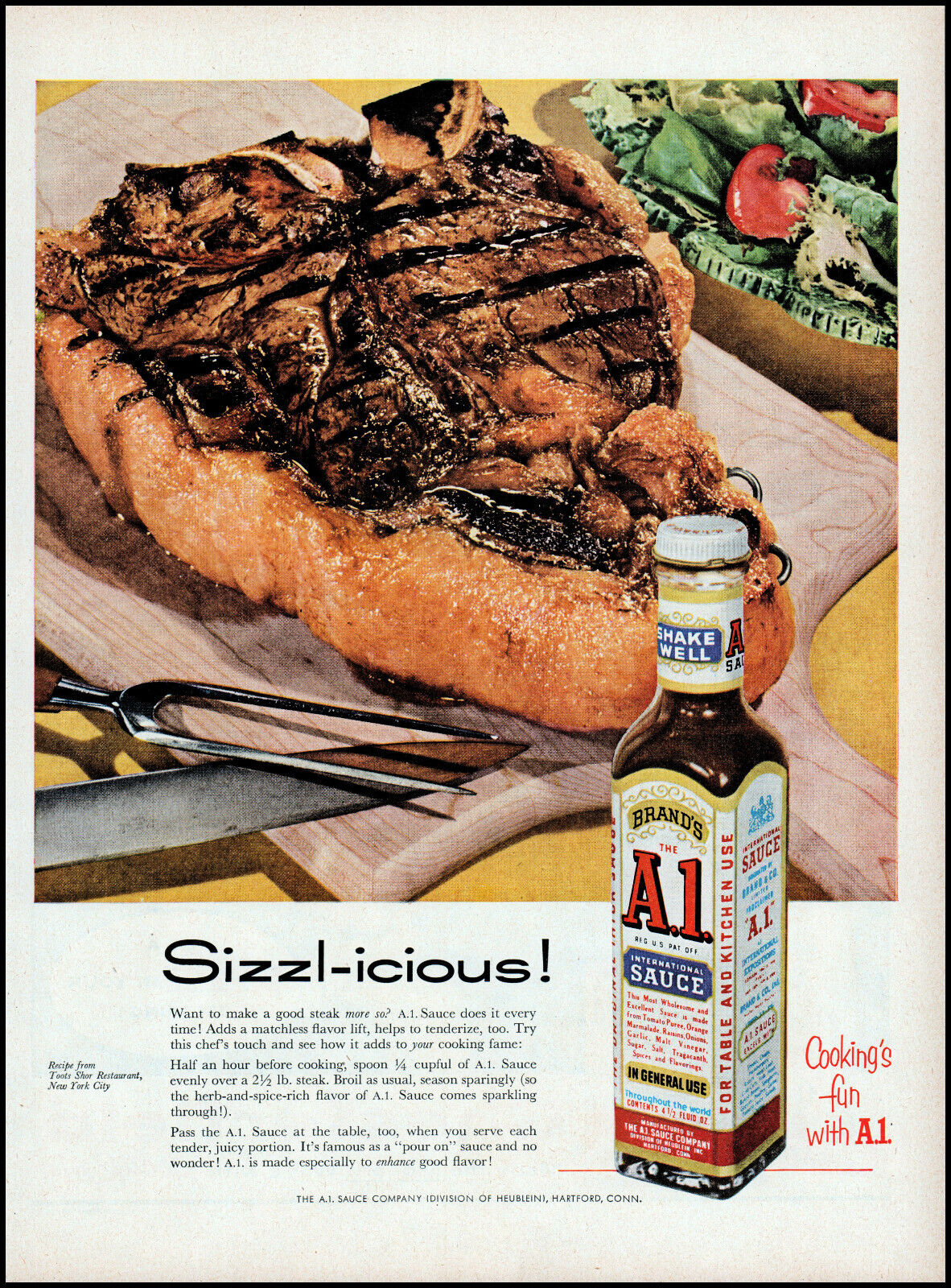 1955 A1 Sauce Grilled T-Bone Steak photo A 1 Steak Sauce retro print ad LA42