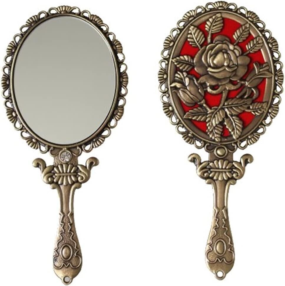 SEHAMANO Vintage Hand Mirror with Embossed Rose on the Back Handheld 