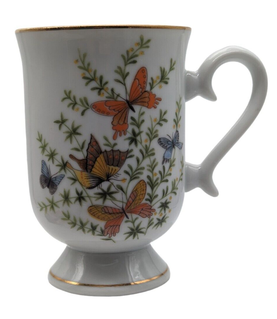 Ecstasy Coffee Mug Cup Floral Butterflies Pedestal Footed 10 Oz Gold Rimmed Cup