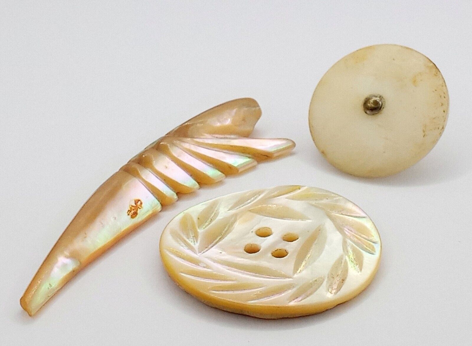 3 Vintage Elegant Mother Of Pearl Buttons, 2 Hand Carved, Assorted Shapes 