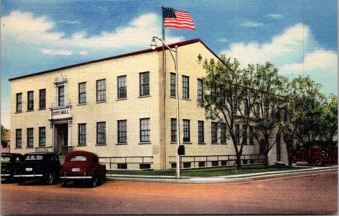 Hobbs New Mexico | City Hall Fire Station Linen Postcard Old Cars American Flag