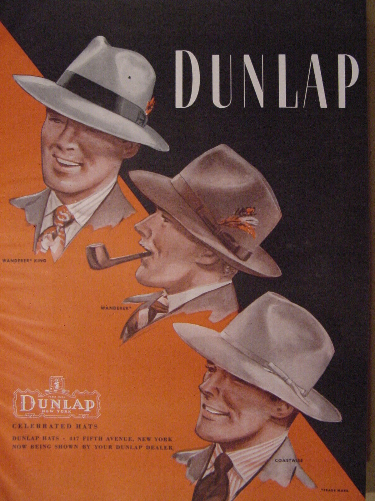 1944 Esquire Original Advertisement WWII Era DUNLOP Celebrated HATS