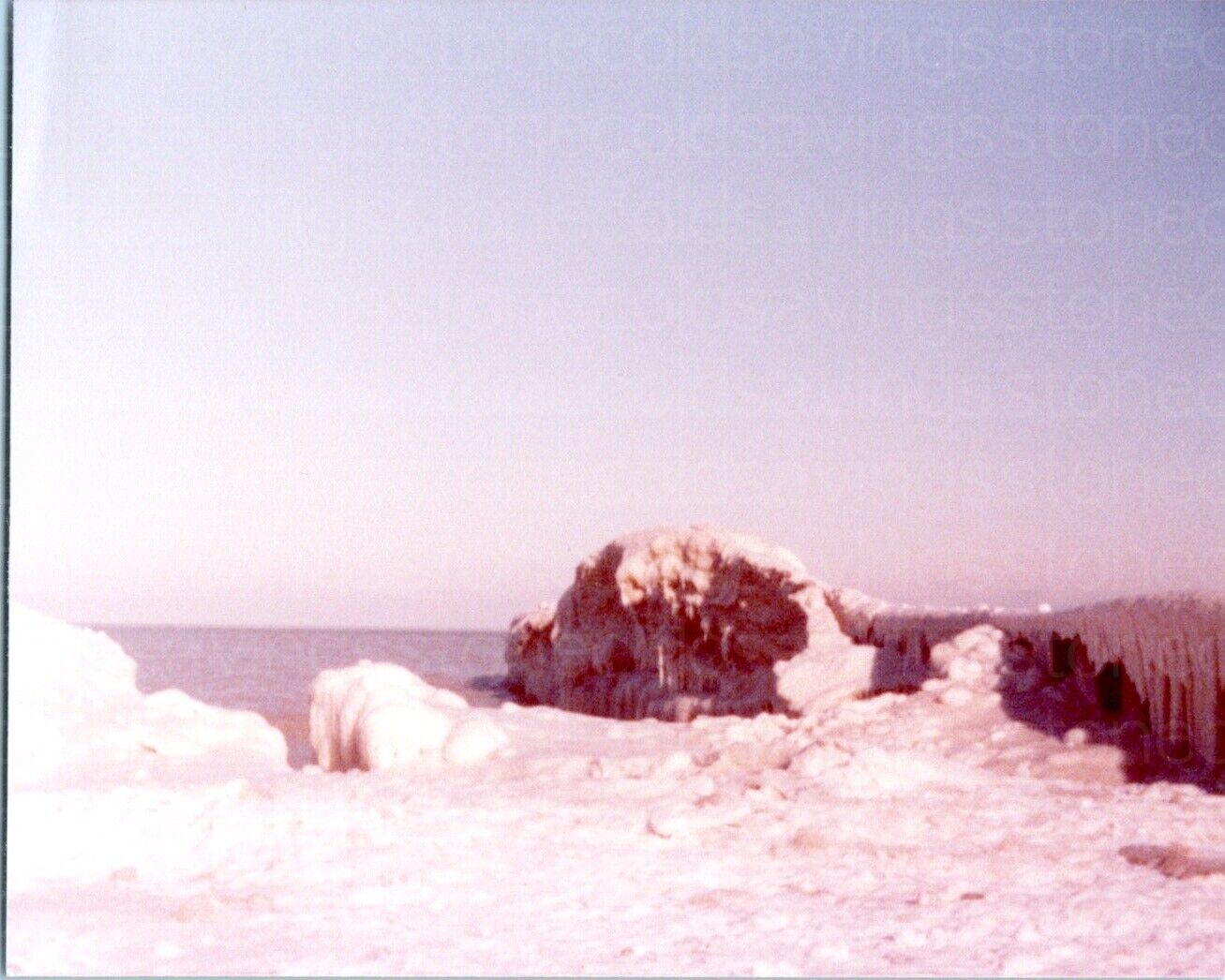 VINTAGE FOUND PHOTO - 1970S - ICE COVERED BEACH OCEAN COASTAL SNOW WINTER SHOT