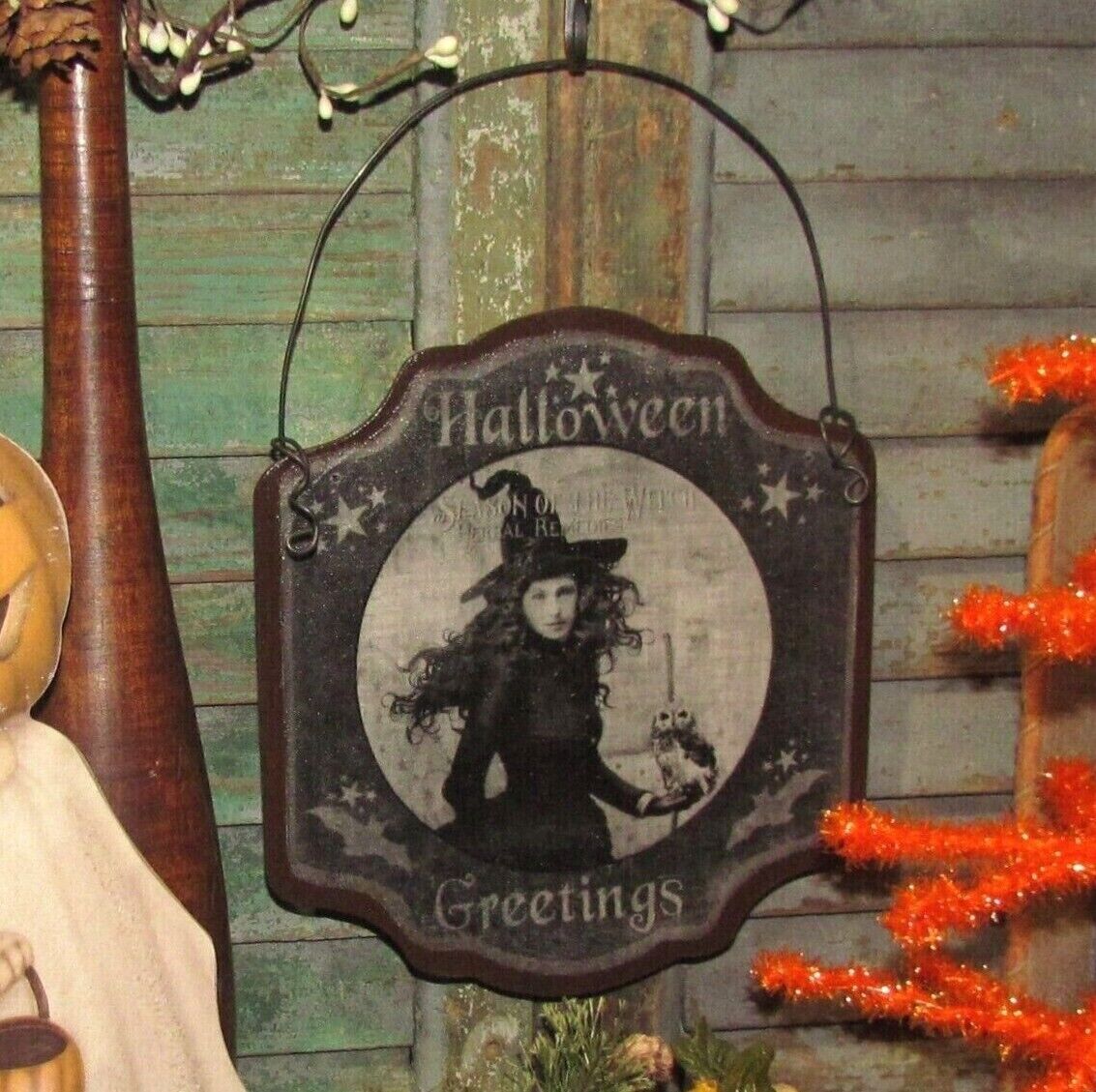 Primitive Antique Vtg Style Magic Witch Halloween Greetings Bats Moon Stars Sign