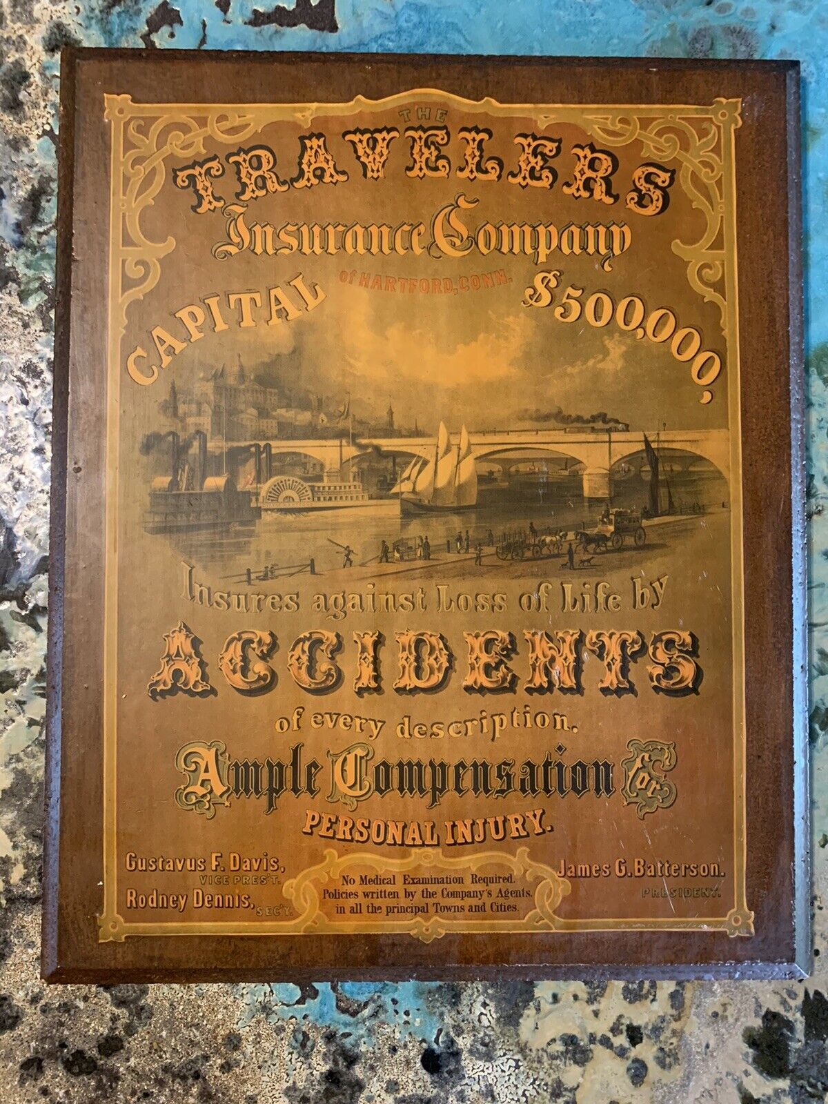 Vintage Travelers Insurance company Of Hartford Conn Wooden Poster