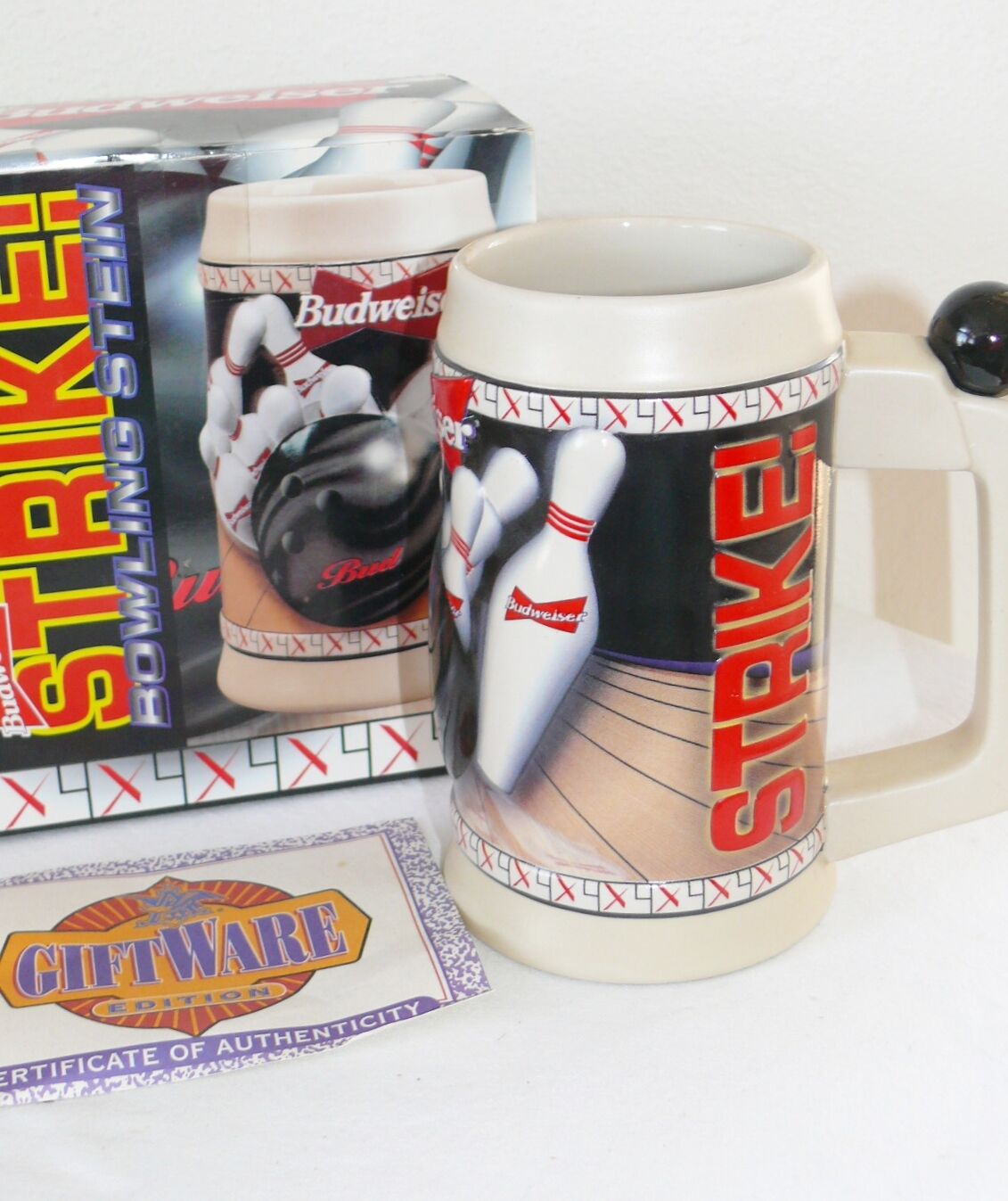 1996 Anheuser Busch Budweiser Beer 1996 Strike Bowling Stein Mug Cup CS288 NIB
