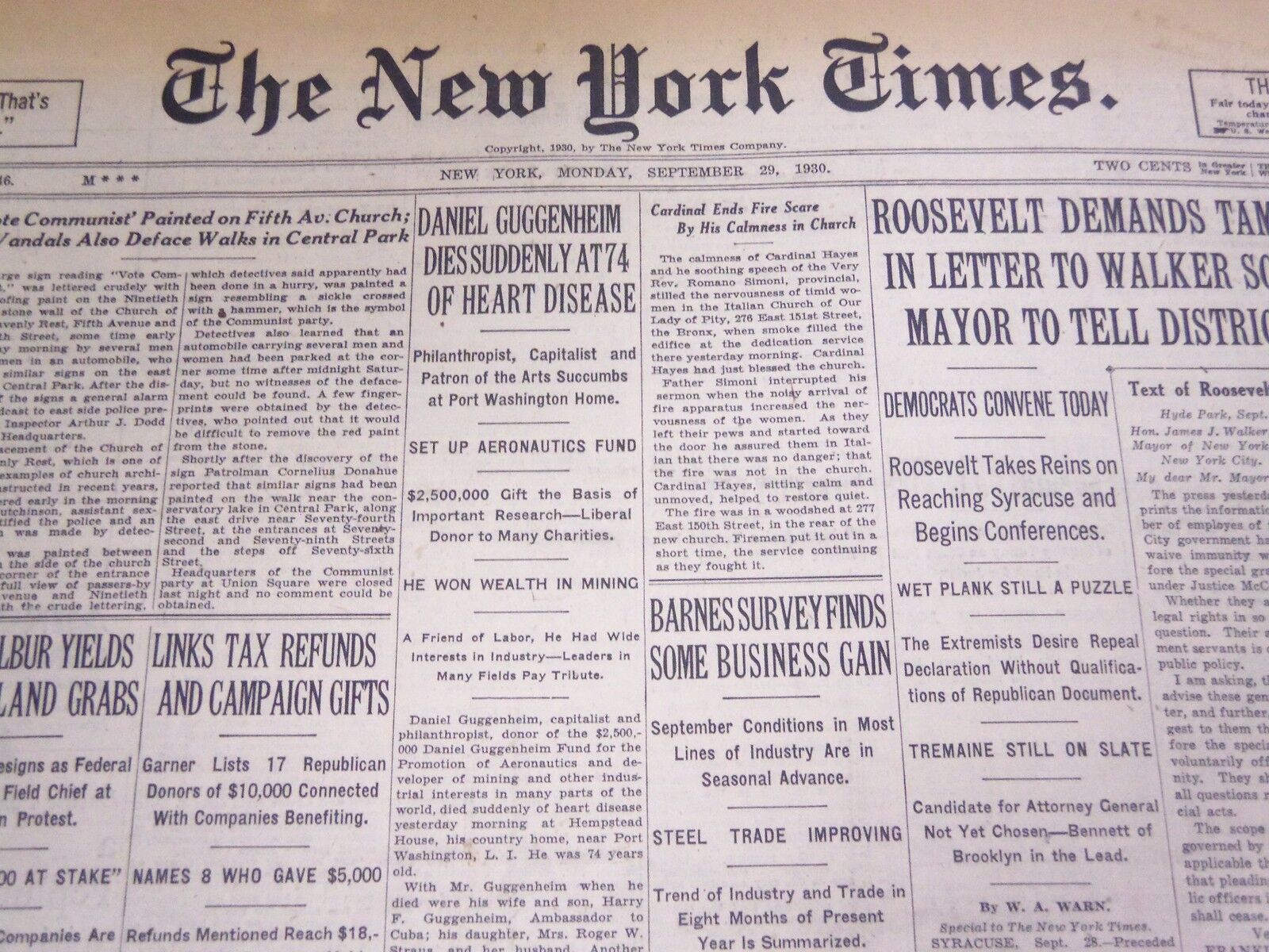 1930 SEPT 29 NEW YORK TIMES - DANIEL GUGGENHEIM DIES SUDDENLY AT 74 - NT 4928