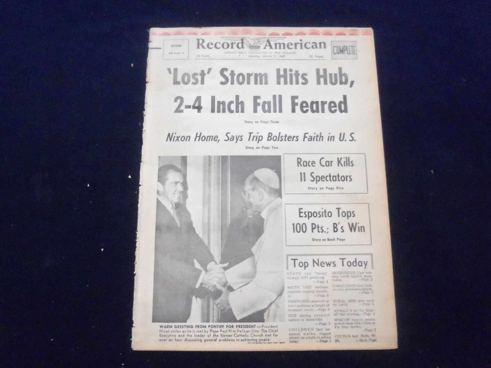 1969 MAR 3 BOSTON RECORD AMERICAN NEWSPAPER - ESPOSITO GETS 101 POINTS - NP 6321