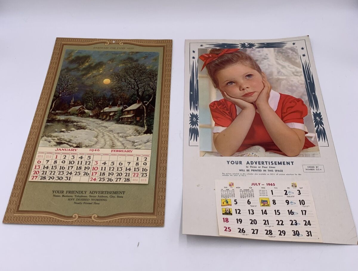 Vintage Promo Advertisement Calendars 1946 (12 month) & 1965 (1 month)