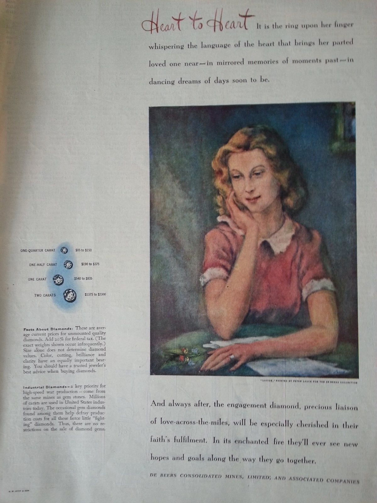 1945 Debeers Heart To Heart Portait Painted By Peter Lauk Print Ad