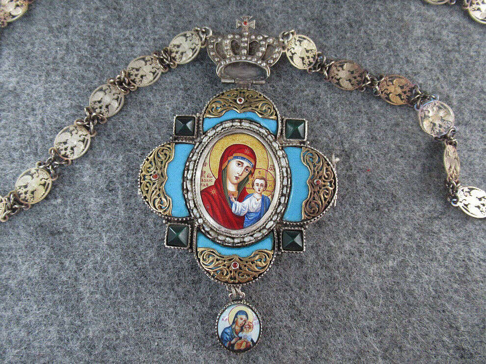 RUSSIAN SILVER ENAMEL PEARLS ORTHODOX EPISCOPAL NECKLACE ICON PANAGIA RELIQUARY