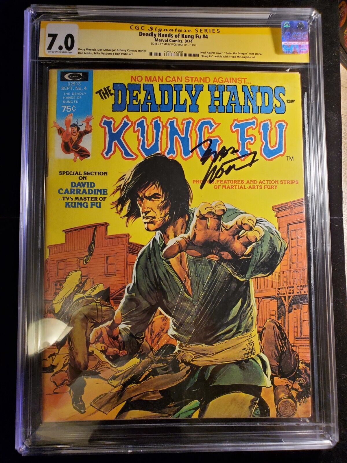 Deadly Hands of Kung Fu 4 CGC 7.0 SS Marv Wolfman, Marvel 1974, David Carradine 