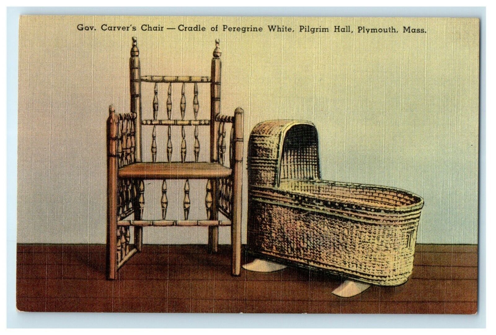 Plymouth MA, Gov. Cover's Chair Cradle Peregrine White Pilgrim Hall Postcard