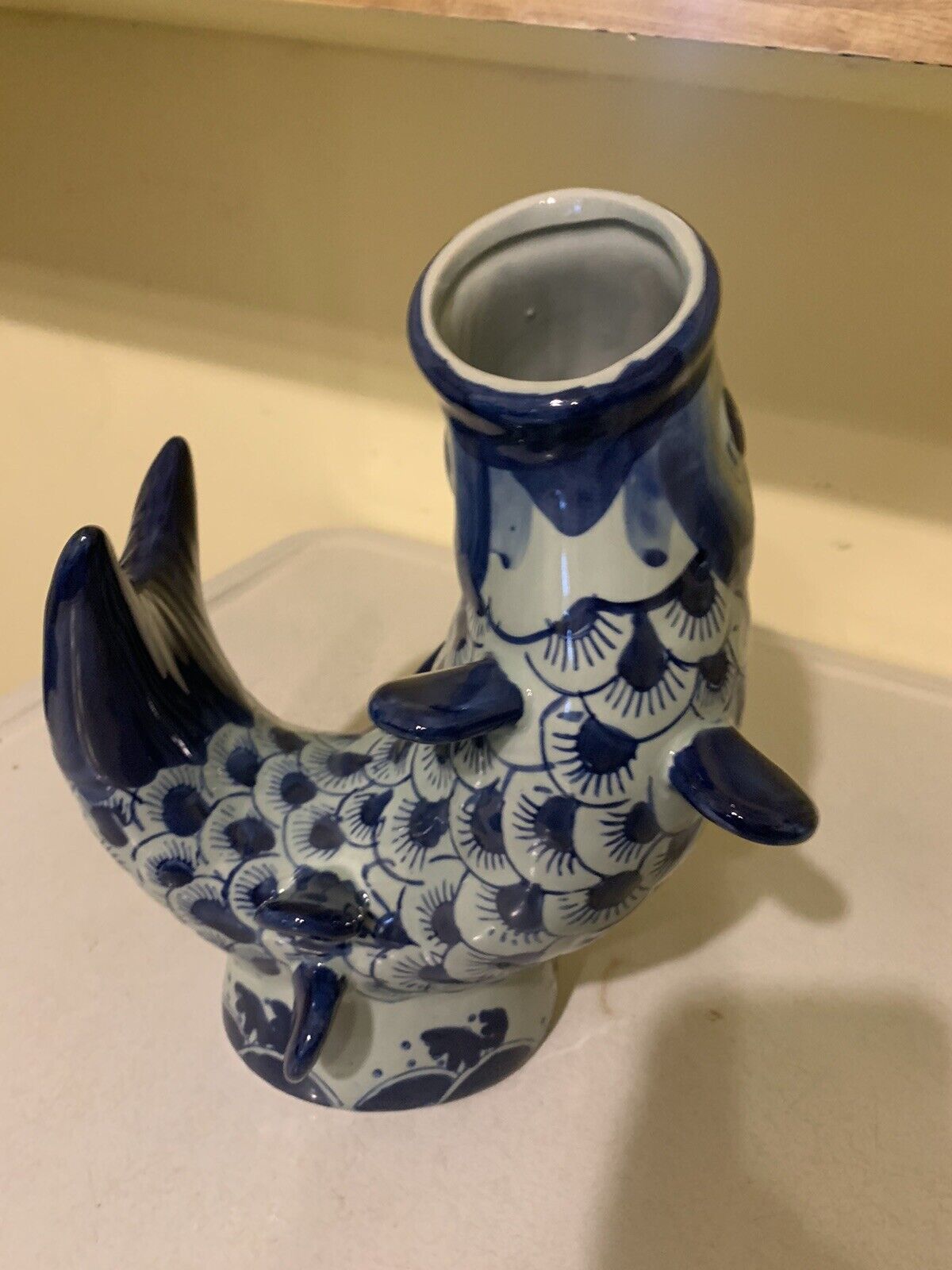 Vintage Ceramic Blue Koi Fish Vase Chinese 10”