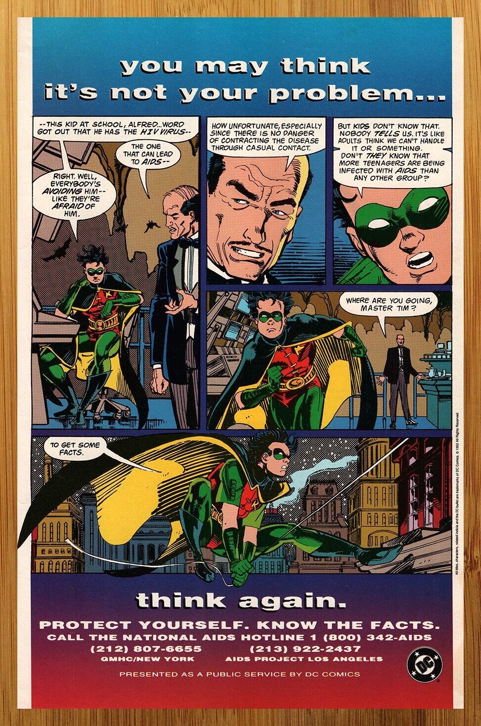 1994 DC Comics Think Again HIV/AIDS Print Ad/Poster Batman Robin Health Pop Art