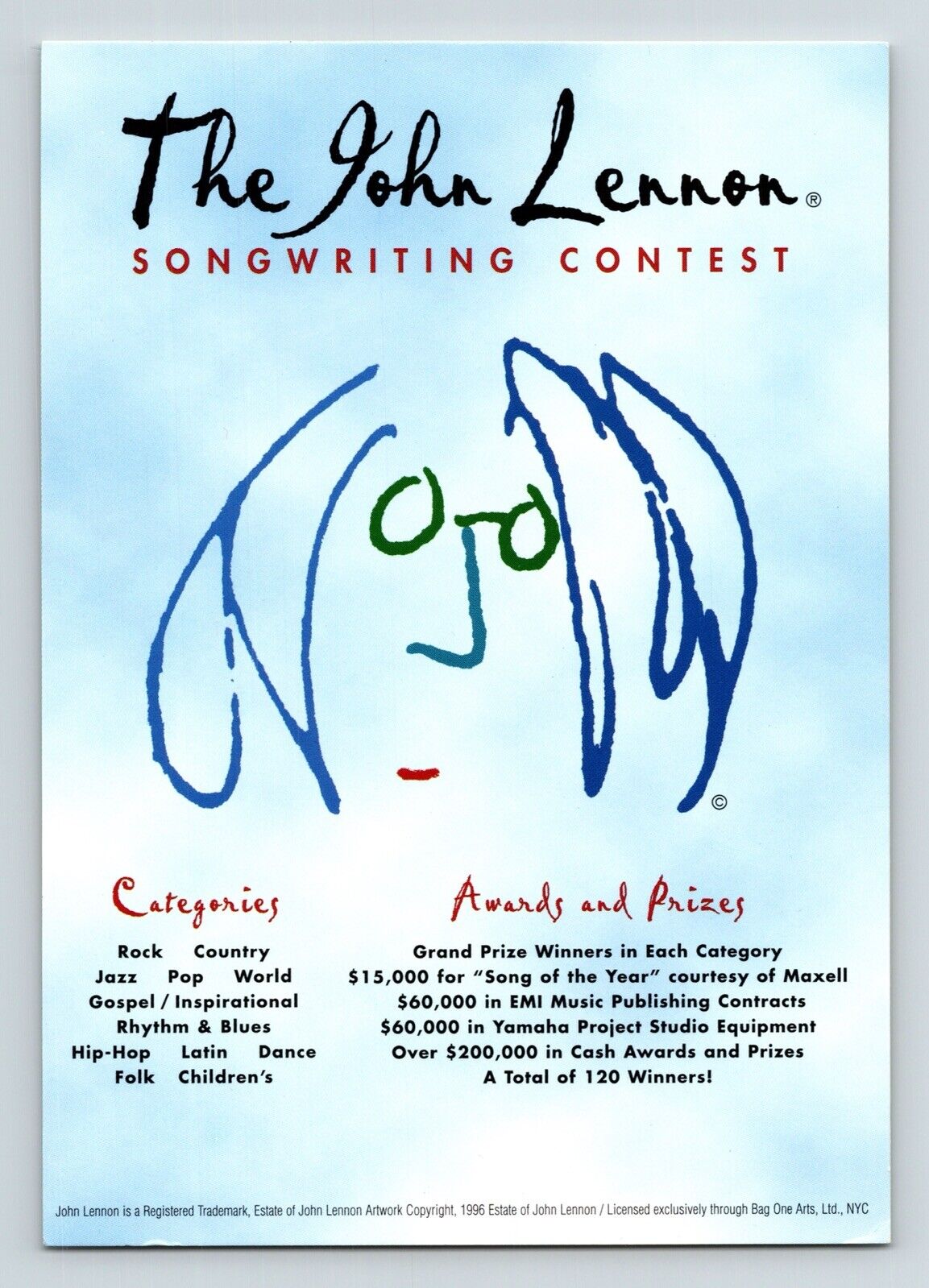 John Lennon Songwriting Contest Applicationa Dn Rules Go Card Postcard 