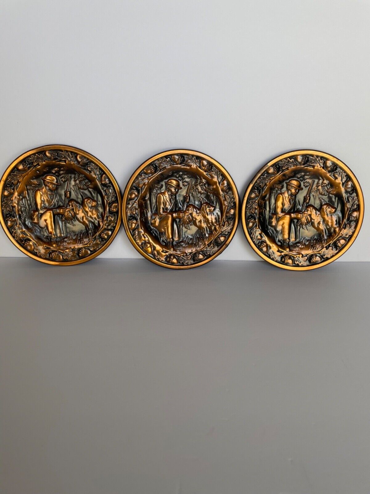  Set OF 3 Vintage Copper Art Wall Decor Plate Dishes Ornate Hunter Hunting Dog 