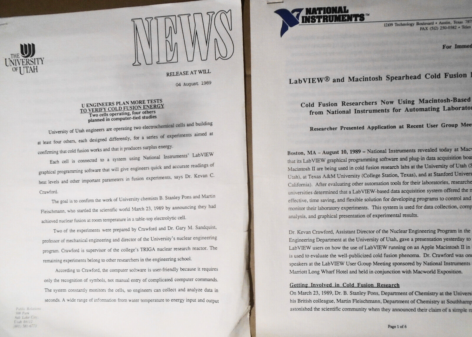 1989 Cold Fusion Resarch at University of Utah - 2 original Press releases