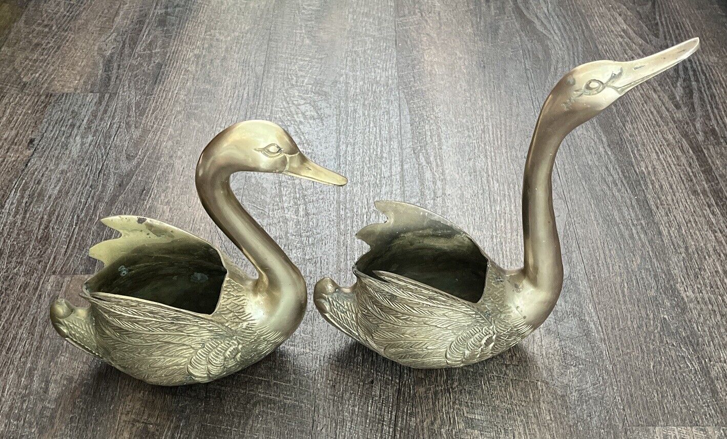Vintage Pair Of Large Brass Swans Planters 13\