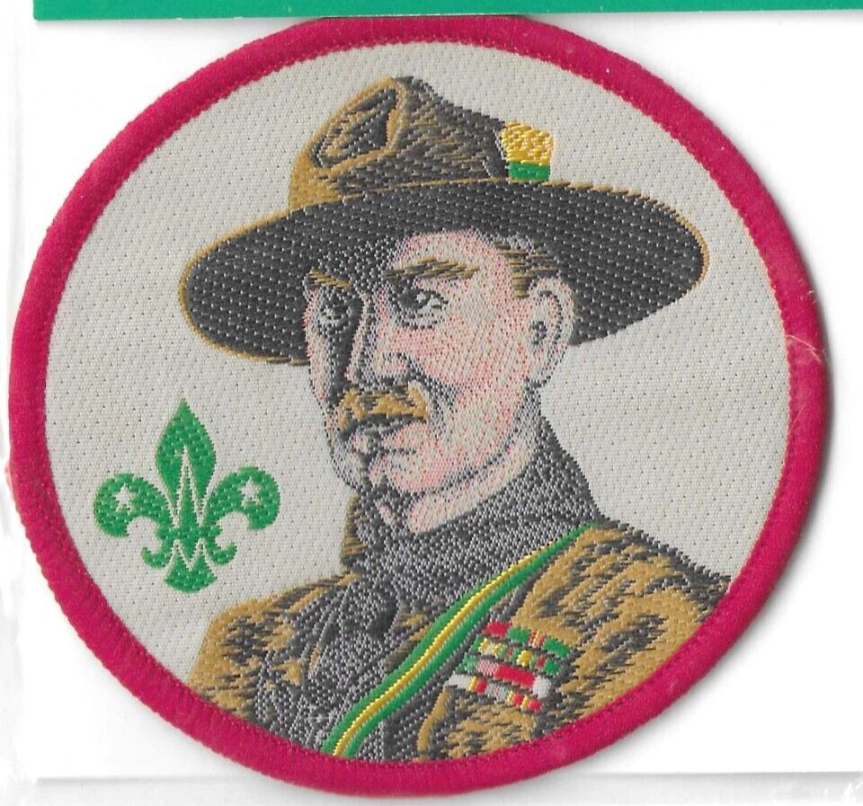 BOY SCOUT LORD ROBERT BADEN POWELL WOVEN BADGE PATCH 3 INCH ROUND RED BDR MINT
