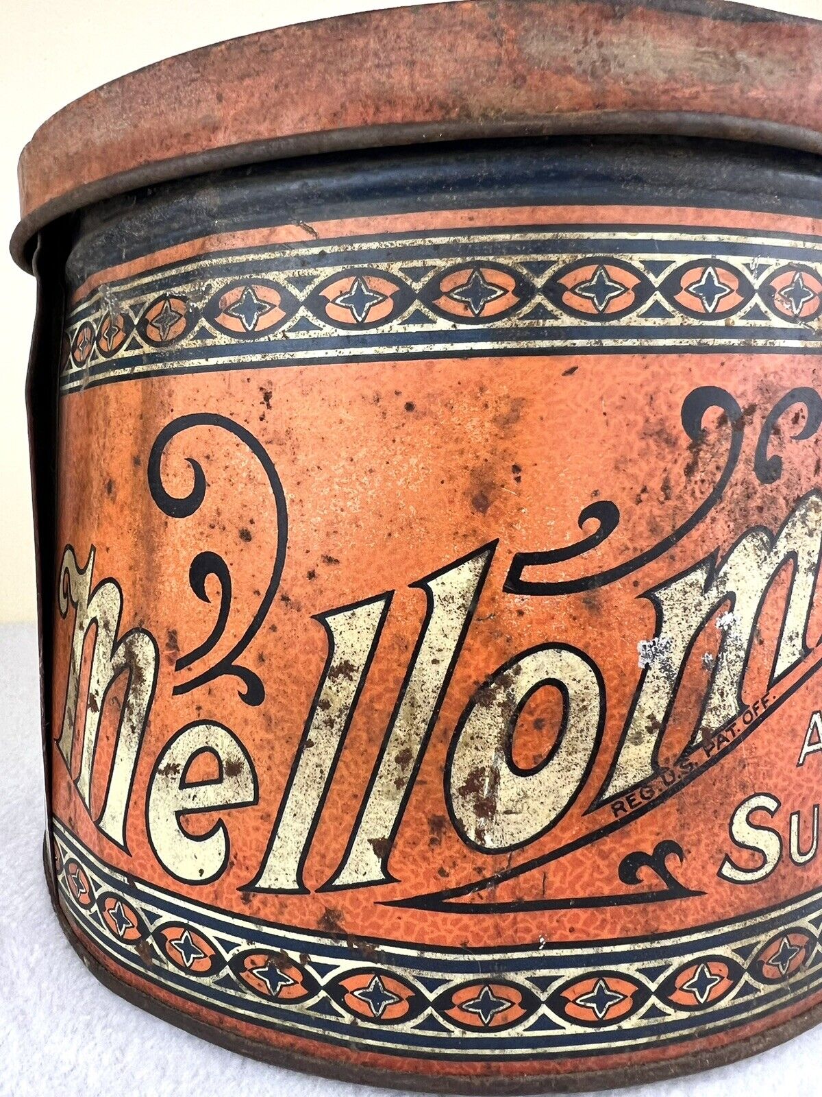 Vintage Mellomints 5 lb Orange Candy Tin “Absolutely Pure Sugar Confection” USA