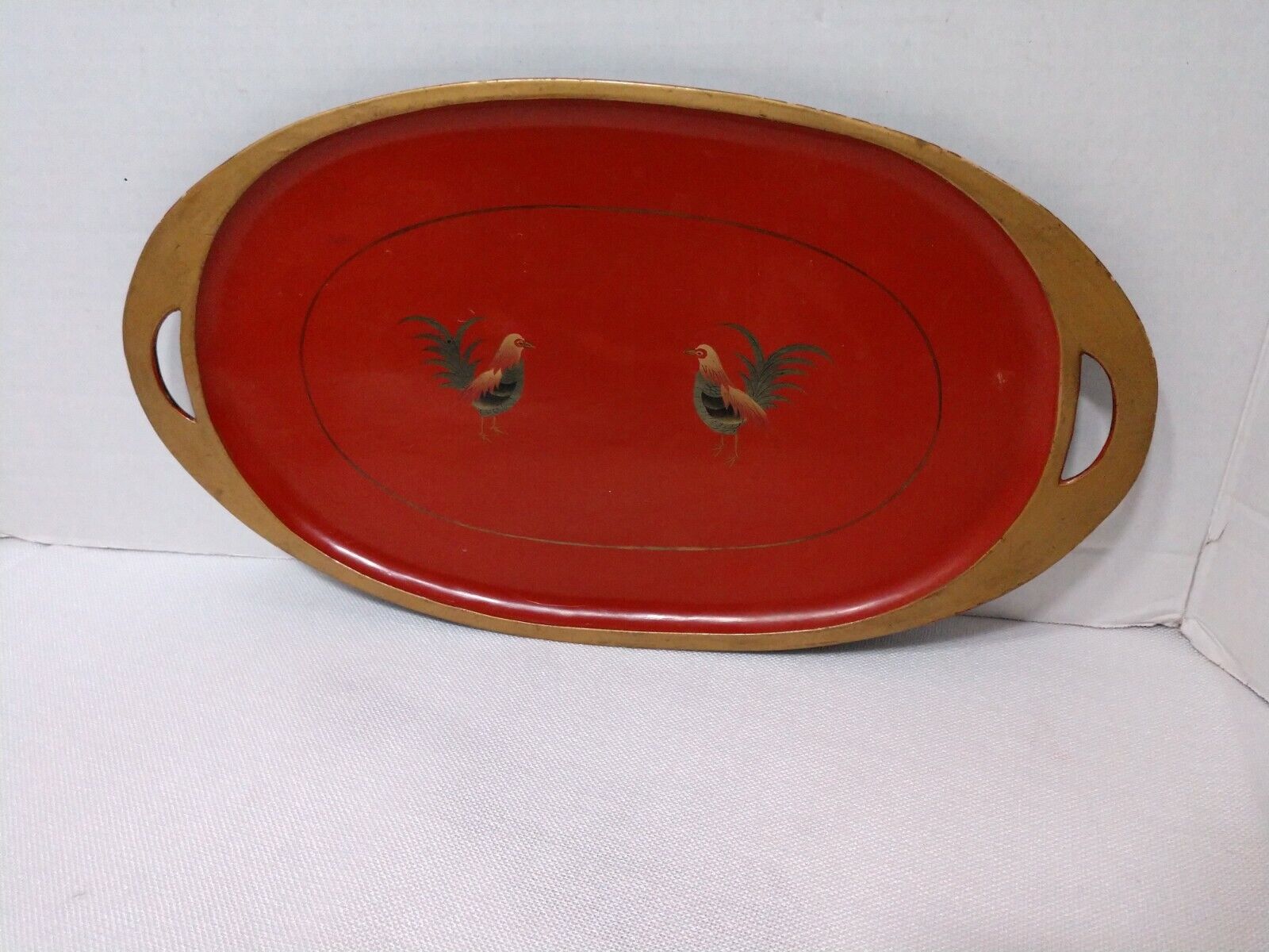 Vintage MCM Wood Tray Roosters Decorative Made in Japan, Hand-Painted Folk Art