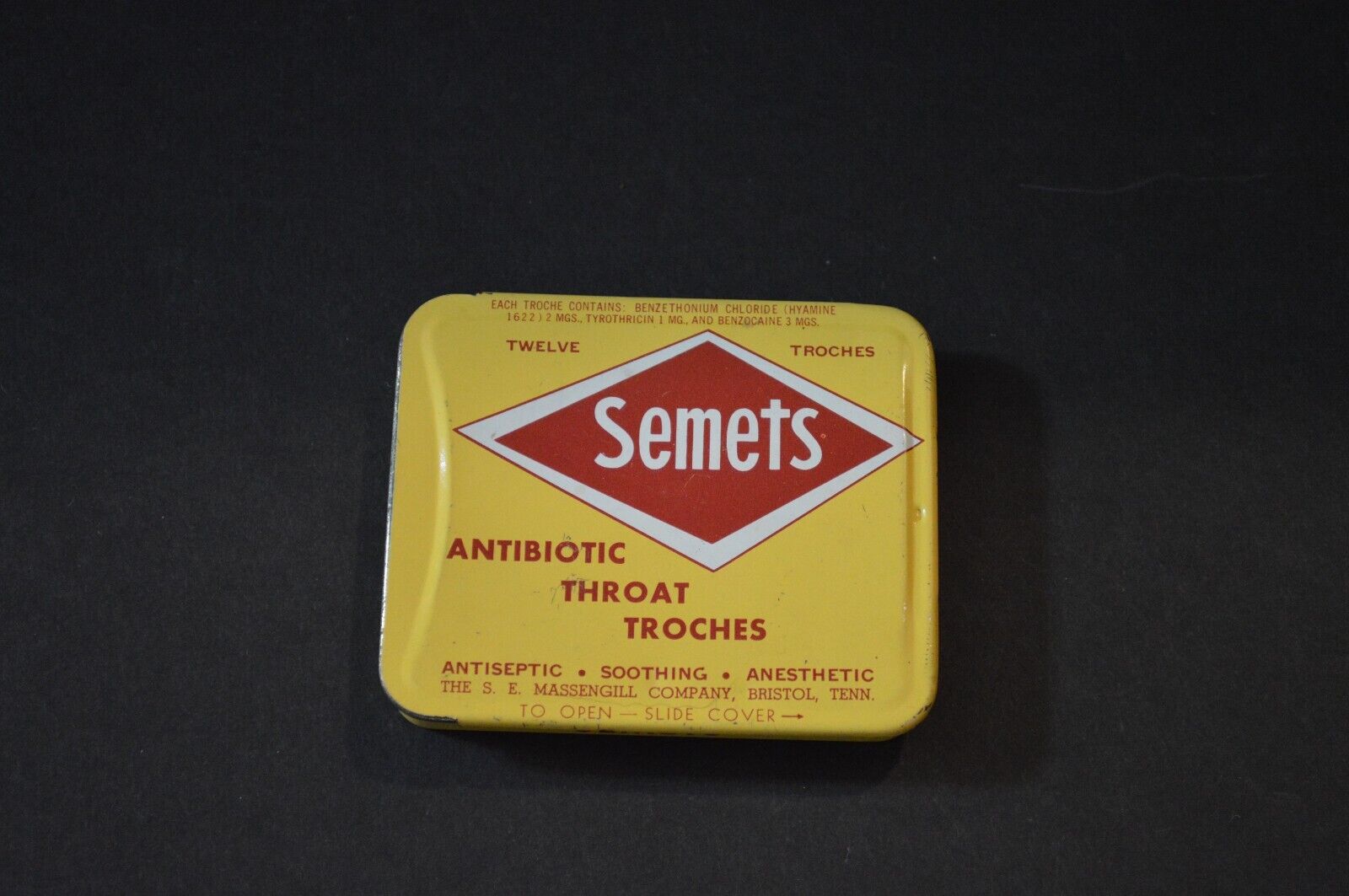 Vintage Semets Antibiotic Throat Troches Tin Slide Lid 12 Troches