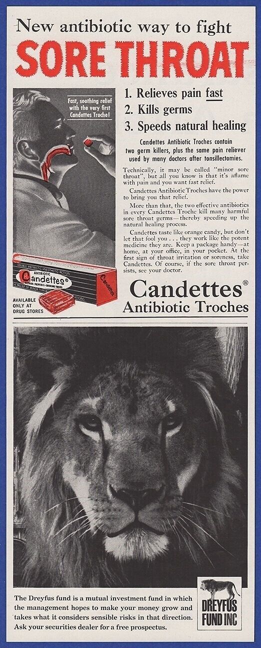 Vintage 1960 CANDETTES Antibiotic Troches Sore Throat Medicine Remedy Print Ad