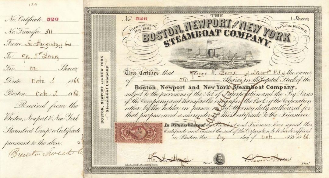 Boston, Newport and New York Steamboat Co. Signed by Oliver Ames - Stock Certifi