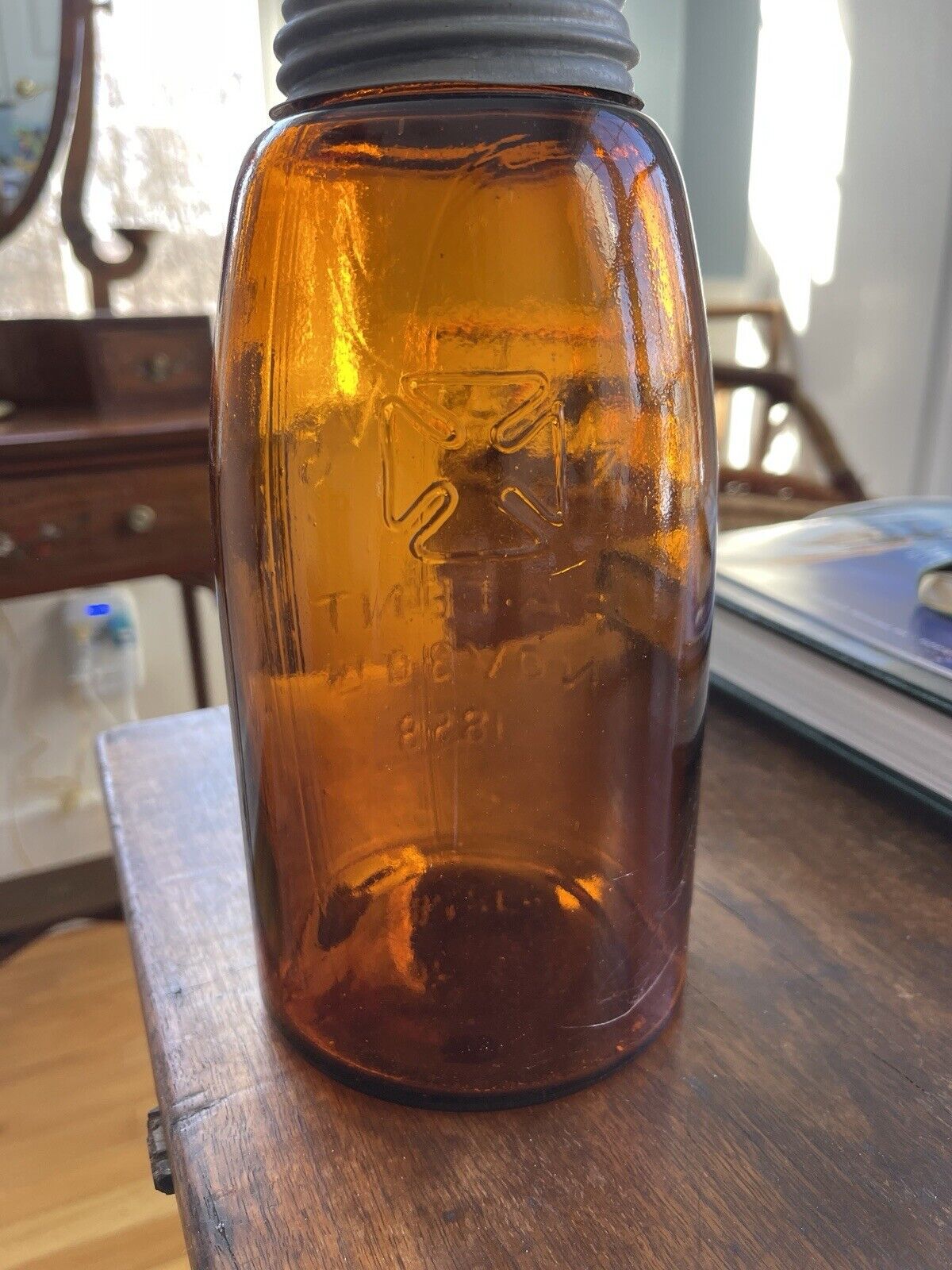 Repro  Mason's Nov 30t 1858 Rare Amber Quart Canning Fruit Jar Bubbles