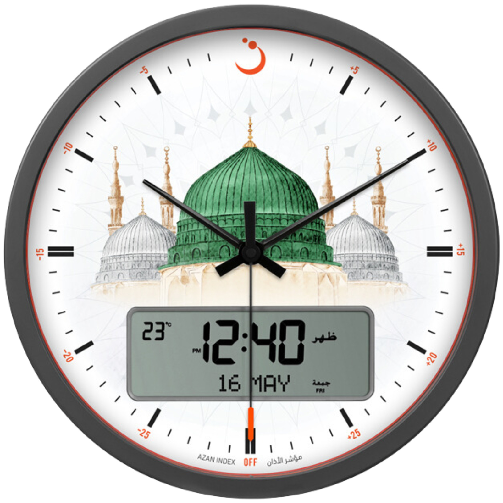 Alfajr Madinah Azan Prayer Clock Round Wall Ana-Digital Automatic Muslim CR-23M