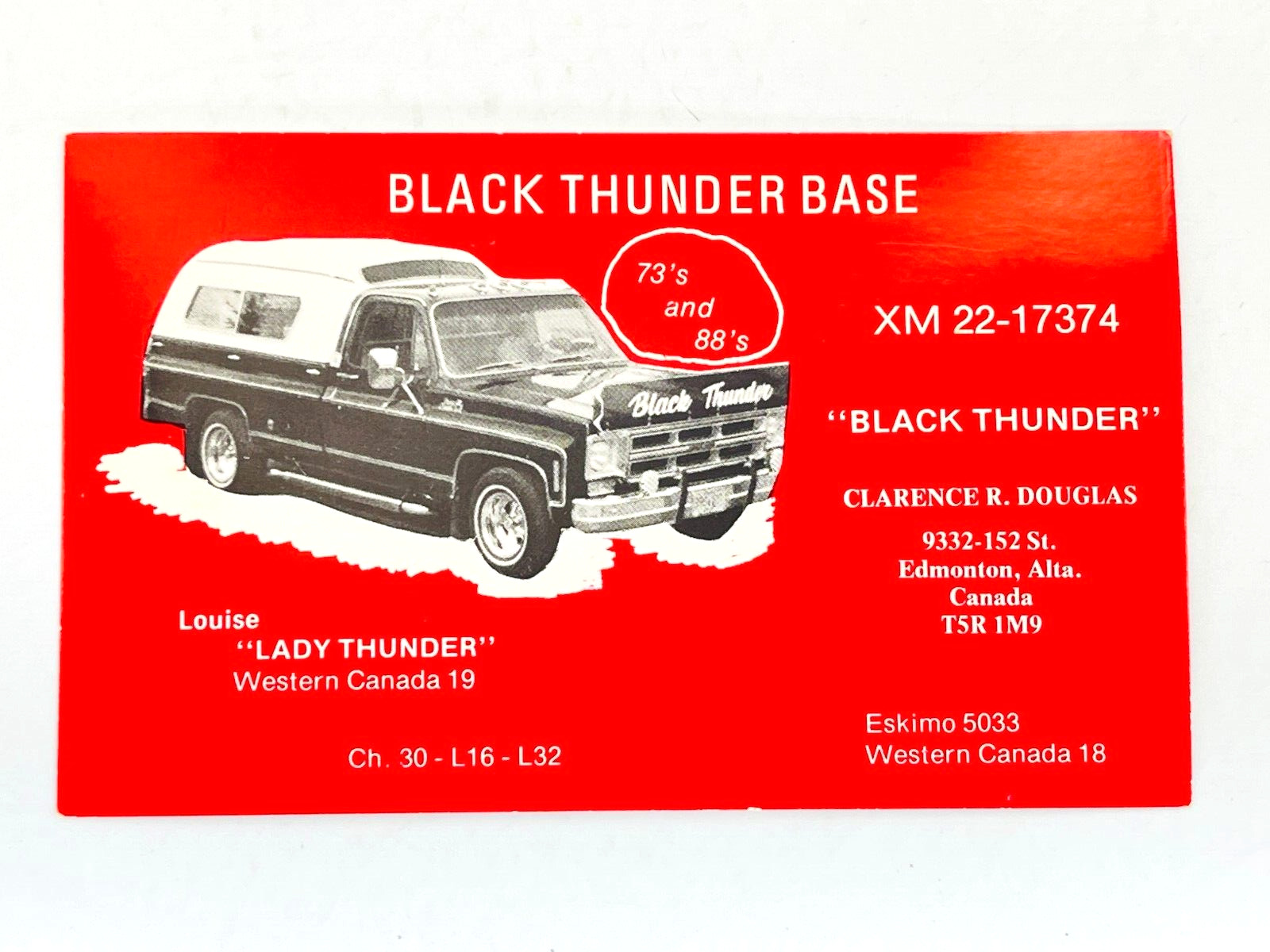 Vintage QSL Card Ham CB Amateur Radio Black Thunder Base Lady Louise Clarence