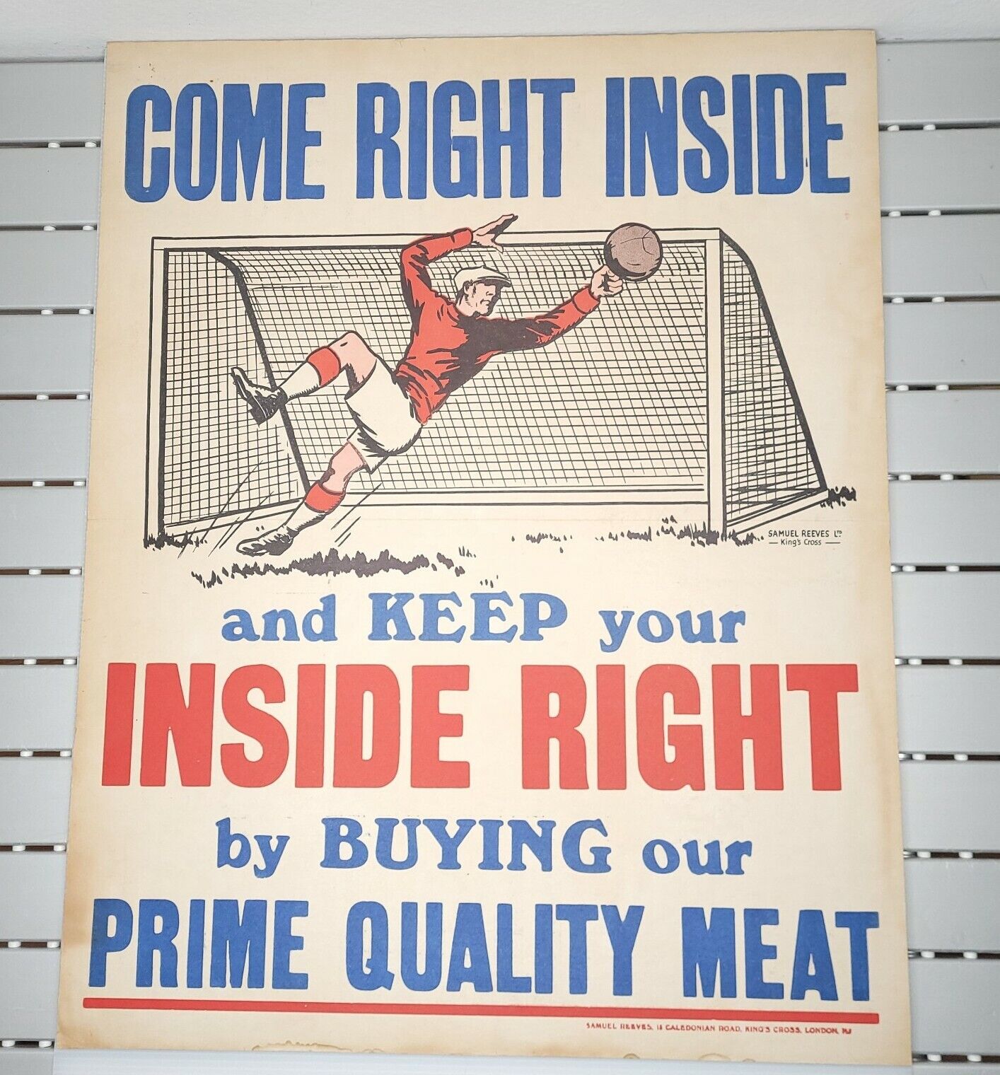 Vintage Rare Ad Poster For Meat w/ Football Soccer Goalie - Samuel Reeves London