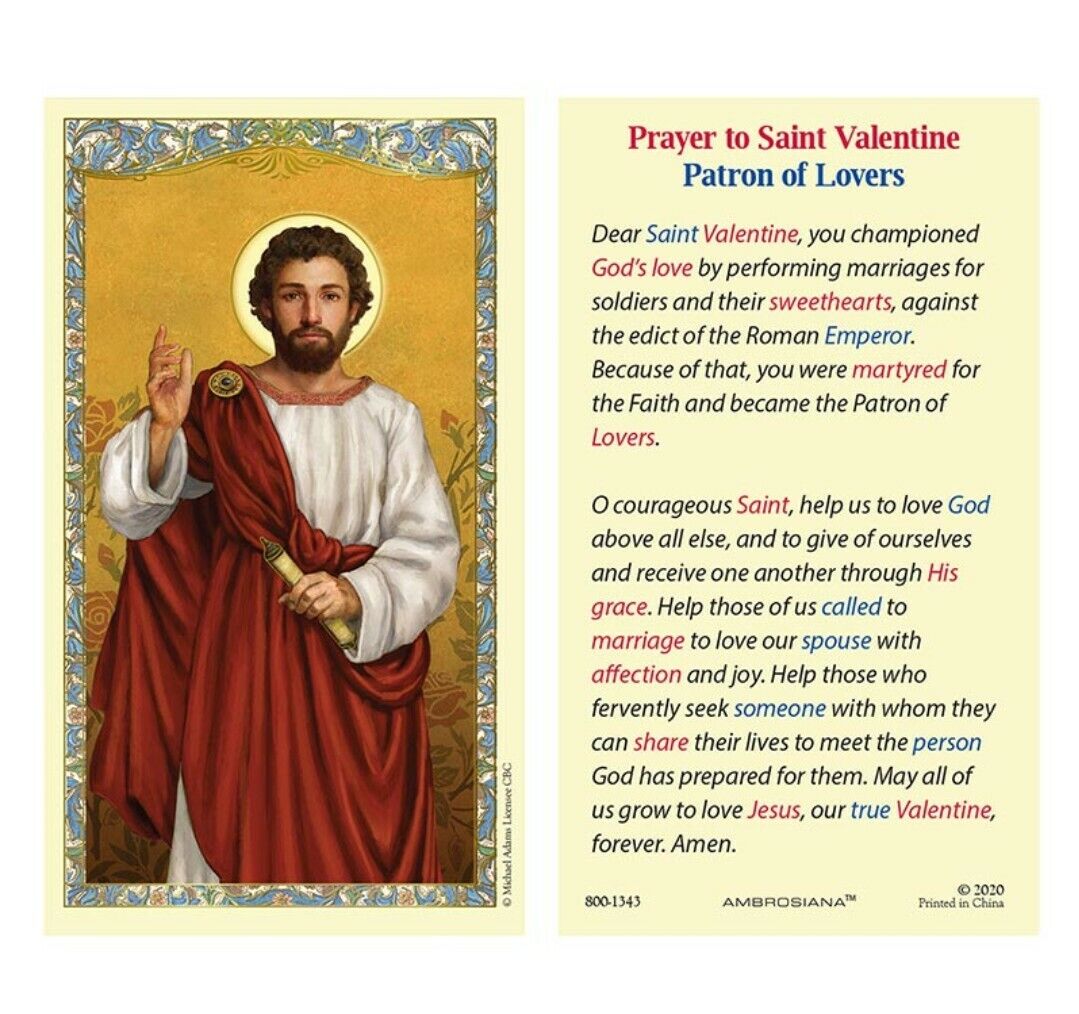 Laminated St. Valentine Holy Prayer Card - Patron Saint of Lovers Catholic