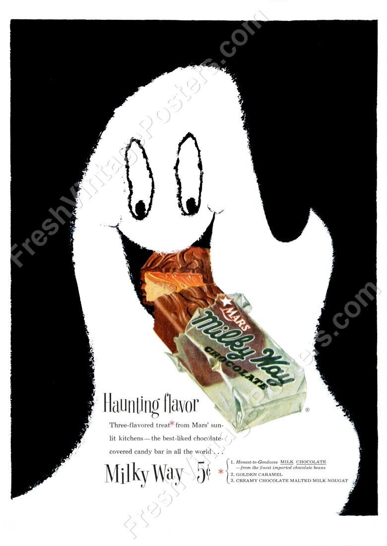 1950s happy Halloween ghost art Milky Way vintage print ad NEW POSTER 18x24