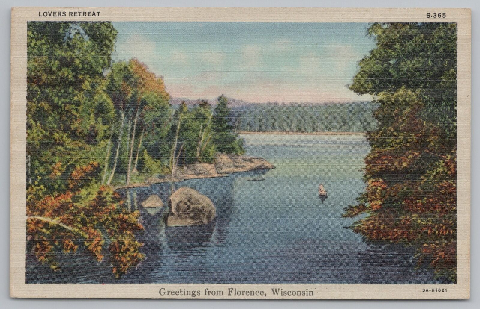 Florence Wisconsin~Lovers Retreat~Boat on Lake~Linen Vintage Postcard