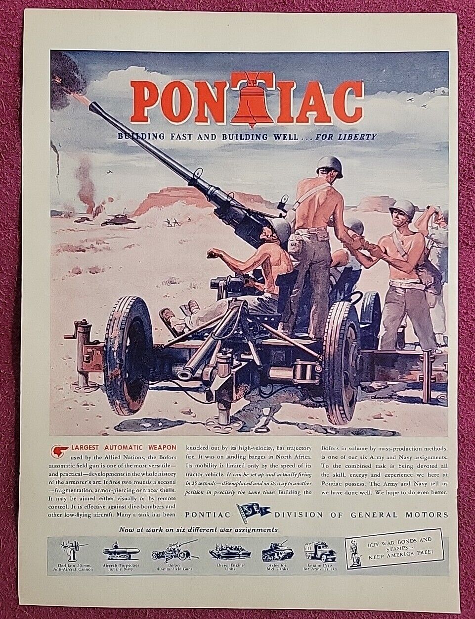Vintage WW2 Double sided Print Ad ~ Pontiac (Bofors 40MM) & Kodak Color Film
