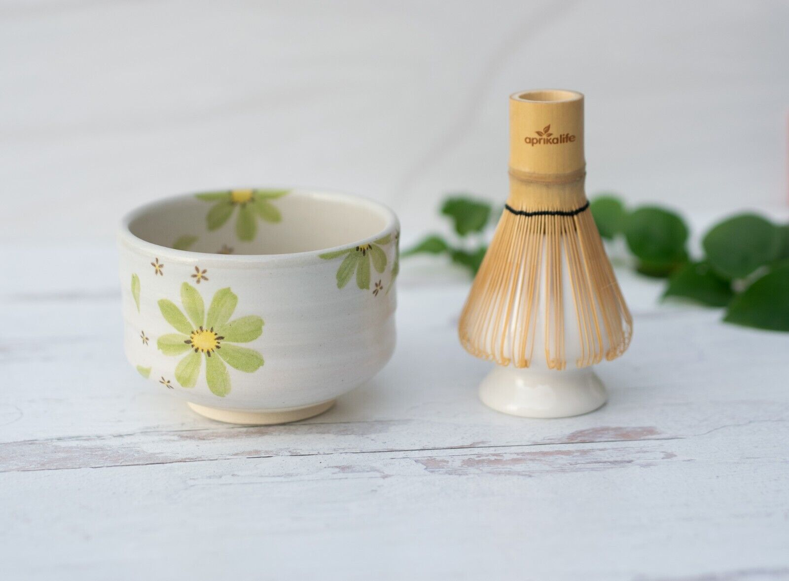 Green Flowers Matcha Set: Matcha Bowl, Bamboo Matcha Whisk, Ceramic Whisk Holder