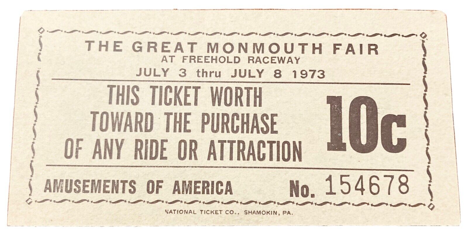The Great Monmouth Fair 1973 Ticket Coupon Freehold Raceway, NJ
