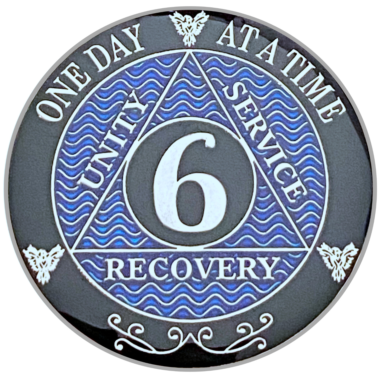 AA 6 Year Coin Blue, Silver Color Plated Medallion, Alcoholics Anonymous Coin