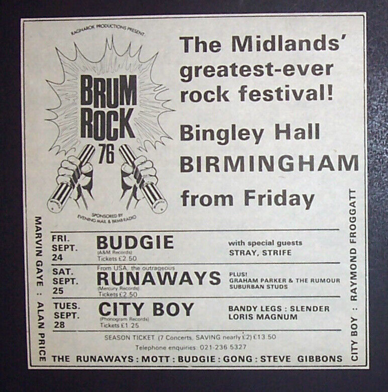 The Runaways City Boy Mott Brum Rock UK Festival 1976 Sm. Poster Type Concert Ad