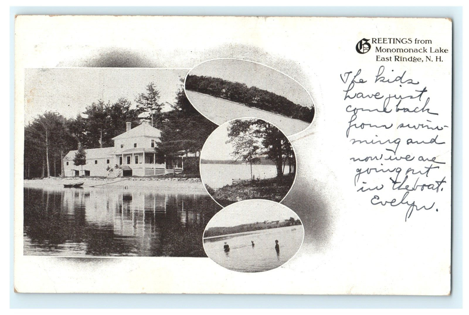 1912 Greetings Monomonack Lake East Rindge NH New Hampshire Postcard