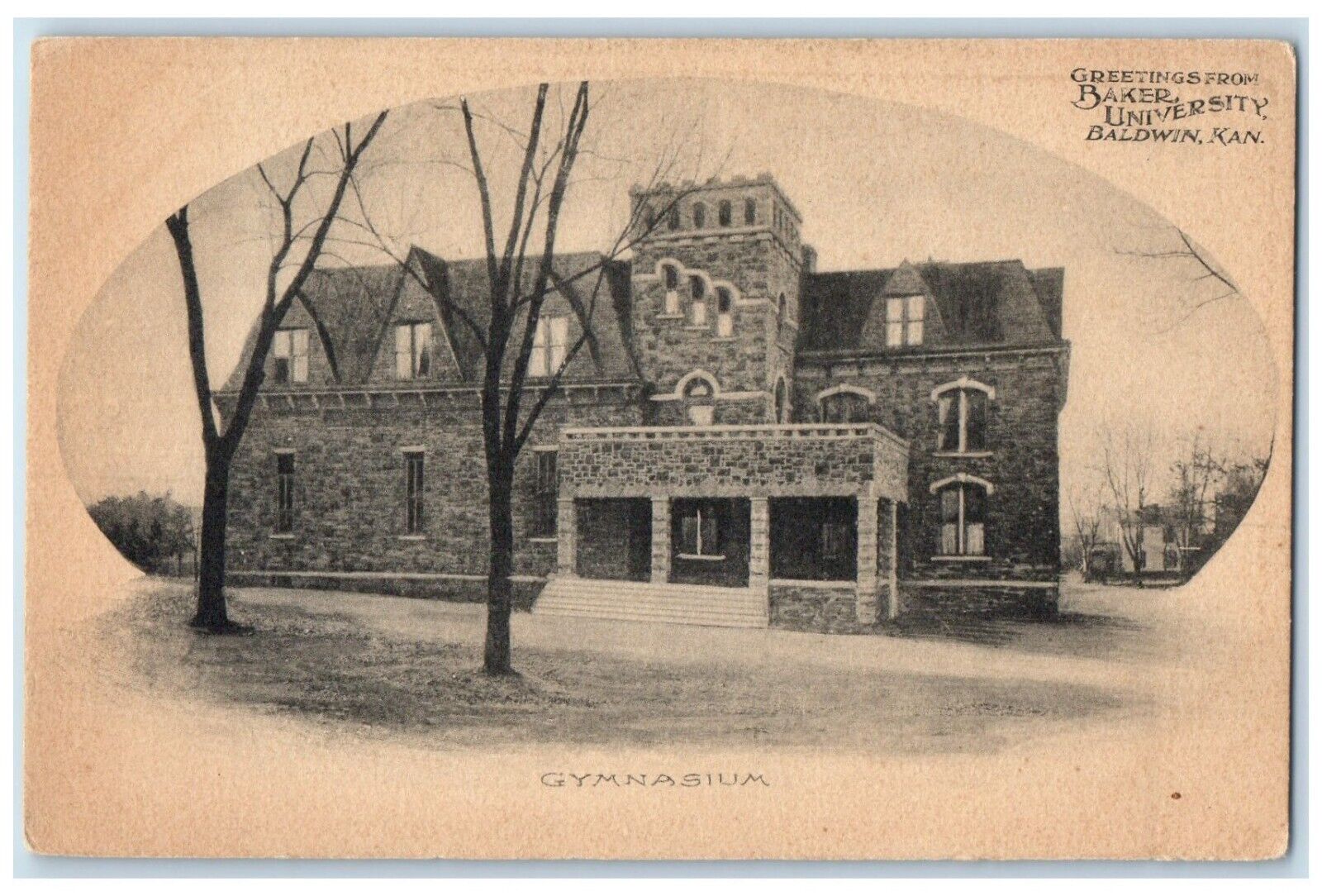 c1905 Greetings From Baker University Exterior Building Baldwin Kansas Postcard