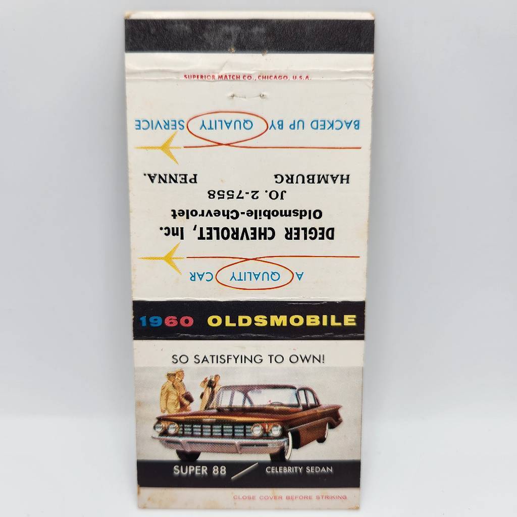 Vintage Matchbook 1960 Oldsmobile Super 88 Celebrity Sedan Degler Chevrolet Hamb