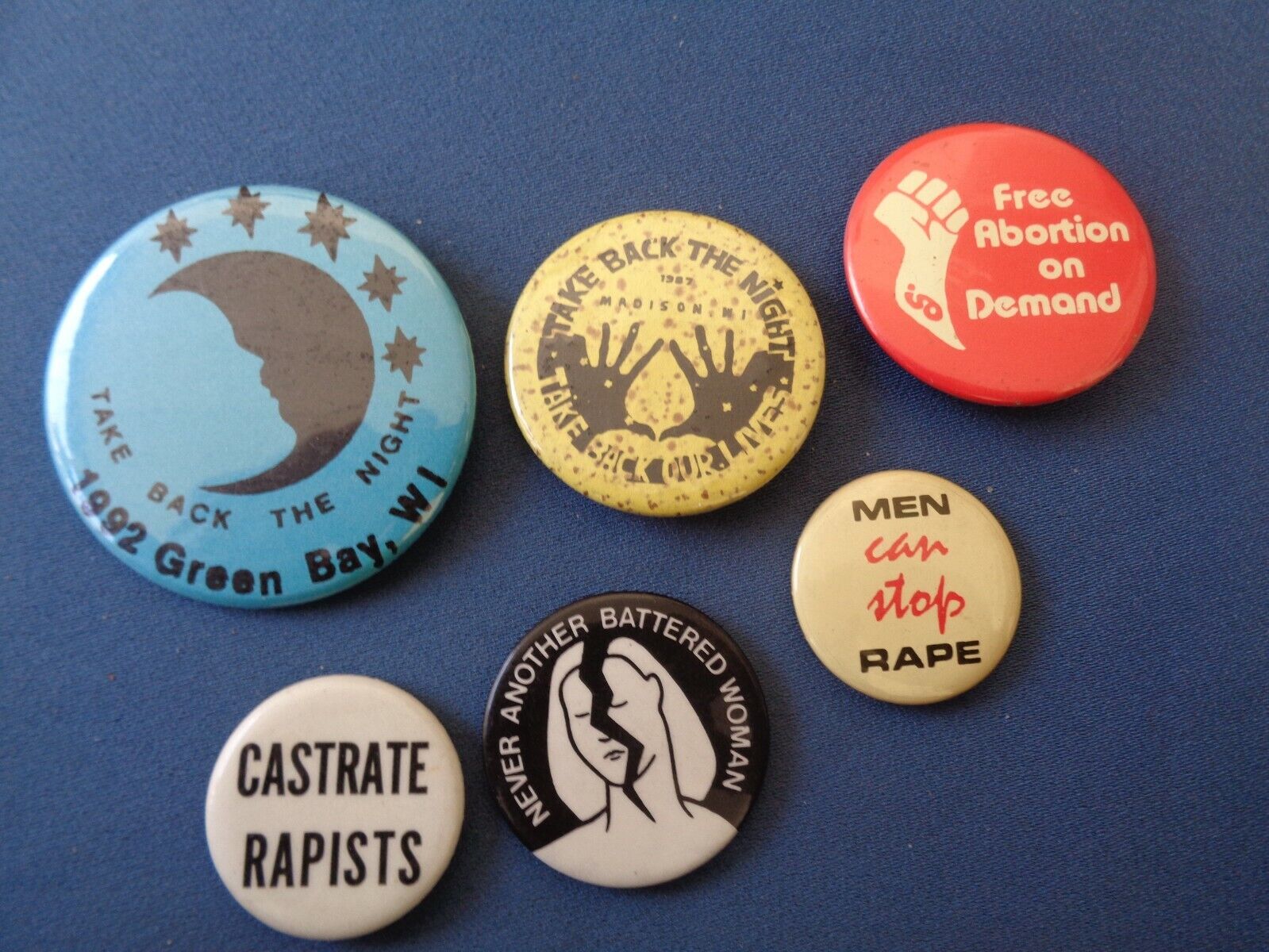 WOMENS RIGHTS FEMINISM TAKE BACK THE NIGHT DOMESTIC VIOLENCE PINBACK BUTTONS