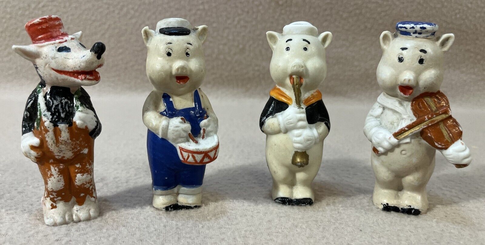 Vintage 1930’s Walt Disney 3.5” Bisque Figurines ~ 3 Little Pigs & Big Bad Wolf