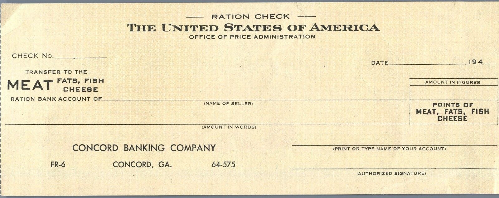 1940's Ration Check for Meats Issued by Office of Price Administration - Georgia
