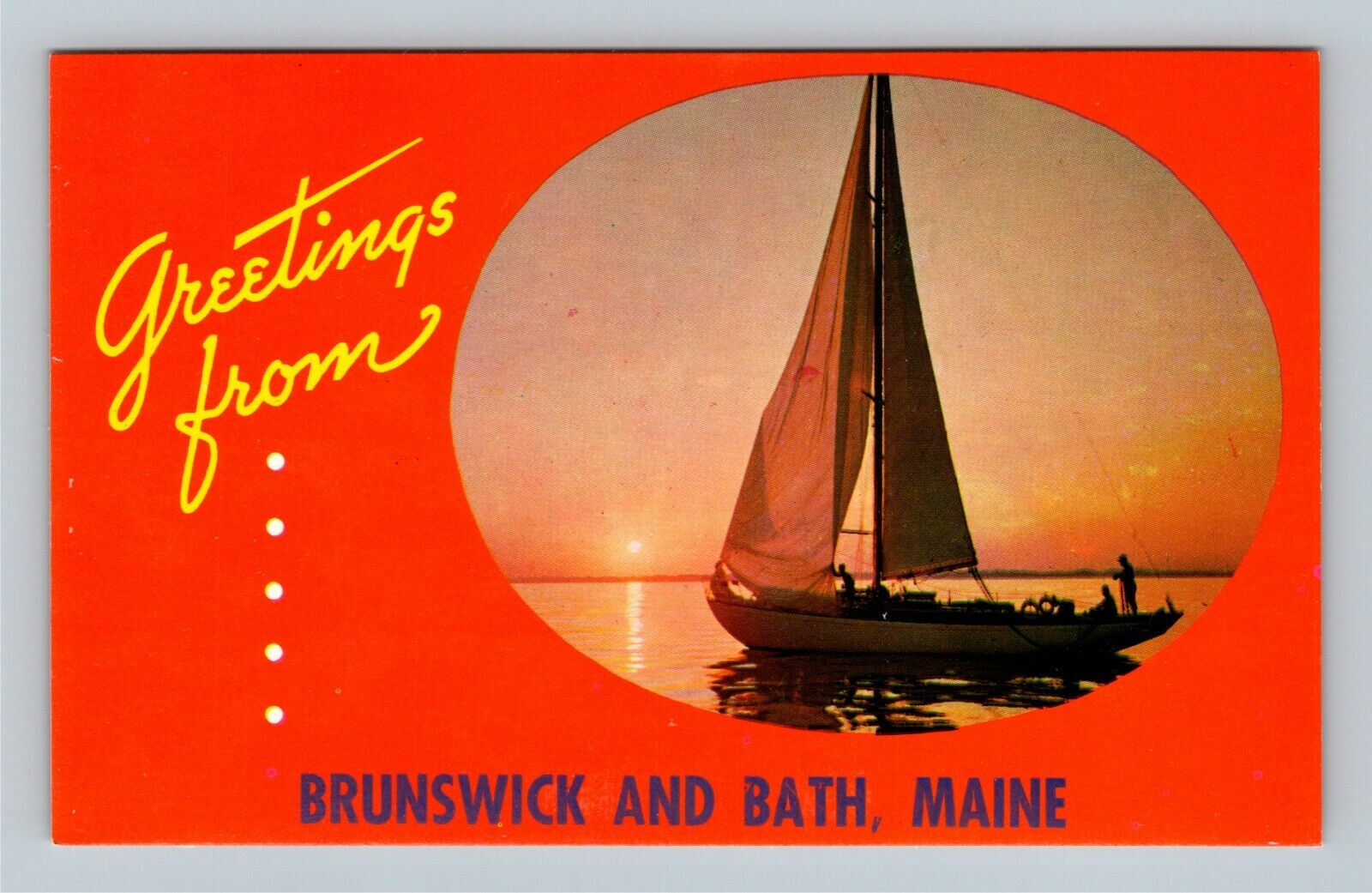 Greetings From Brunswick Bath, Coastal Waters, Sailboat, Maine Vintage Postcard